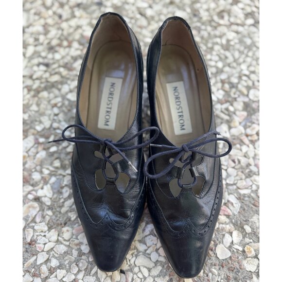 Vintage Nordstrom Navy Blue Leather Lace-Up Oxford Heels Women’s 8.5 M - Picture 1 of 8